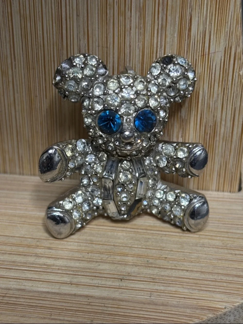 Vintage Rhinestone Teddy Bear Silver Tone Brooch Pin Signed Pell